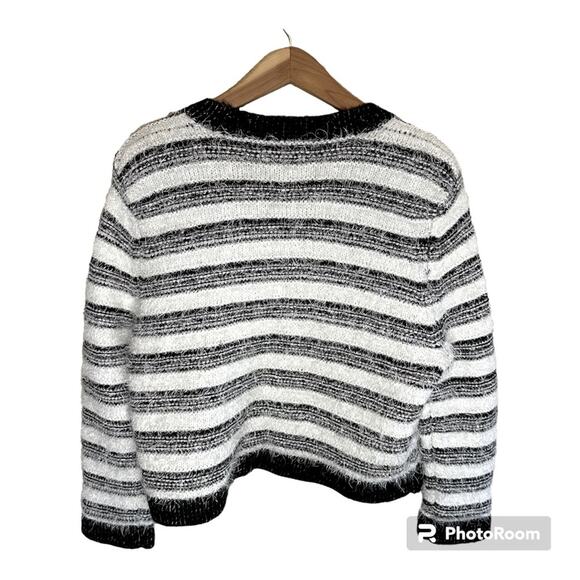 Calvin Klein Cropped Black and White Striped Eyelash Open Front Cardigan Sweater - Picture 2 of 6